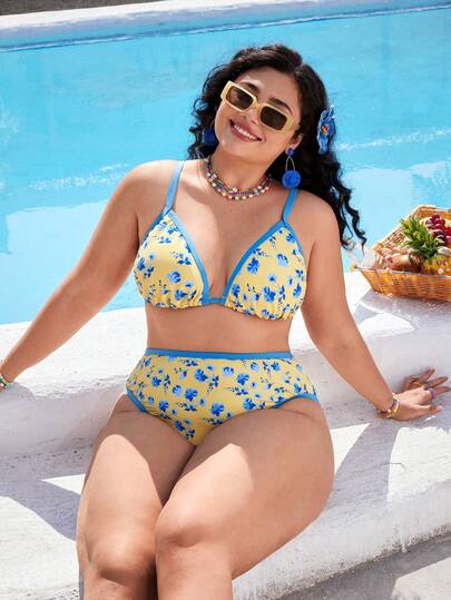 Swim Mod 2026 New Plus Size Women's Fresh Ditsy Floral Bikini, Sweet Contrast Color Strap Tankini, High Waist Slimming Beach Vacation Thermal Spring Swimsuit Set