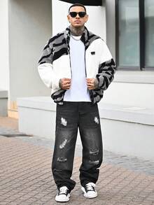 Devon Thys 男士抓绒拉链翻领字母图案防风外套/户外防风外套/派克大衣/冬季外套，适合秋冬休闲街头穿着的拉链外套 - 白色 - 查看 4