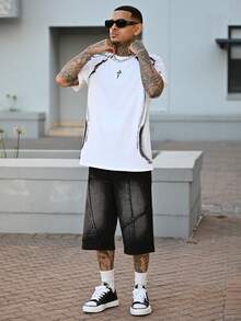 Devon Thys Manfinity Streetrush 男士撞色印花圆领短袖T恤，Y2K风格，万圣节派对，街头服饰 - 白色 - 查看 5