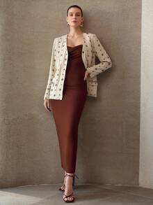 MOTF PREMIUM ELEGANT BEADED EMBROIDERED WOMEN'S THIN BLAZER - Apricot - View 5