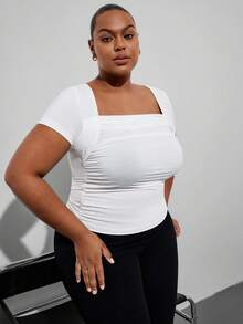 SHEIN Clasi Plus Size Women's T-Shirt,Square Neck Short Sleeve White Summer Smart Casual Hiking Tops,UV Protection High Elasticity 4-Way Stretch Elegant Blouses - White - View 5