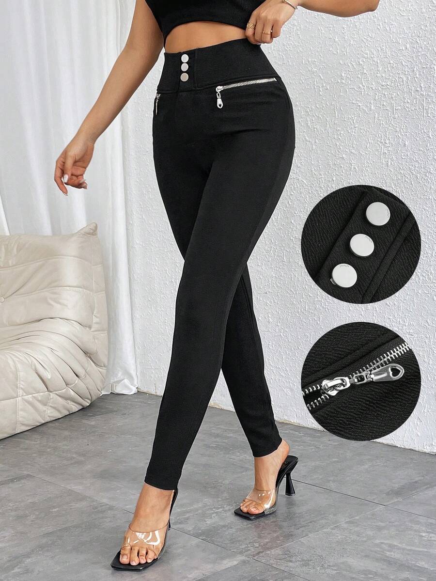 Firerie 女款高腰扣環與拉鍊裝飾彈性緊身褲