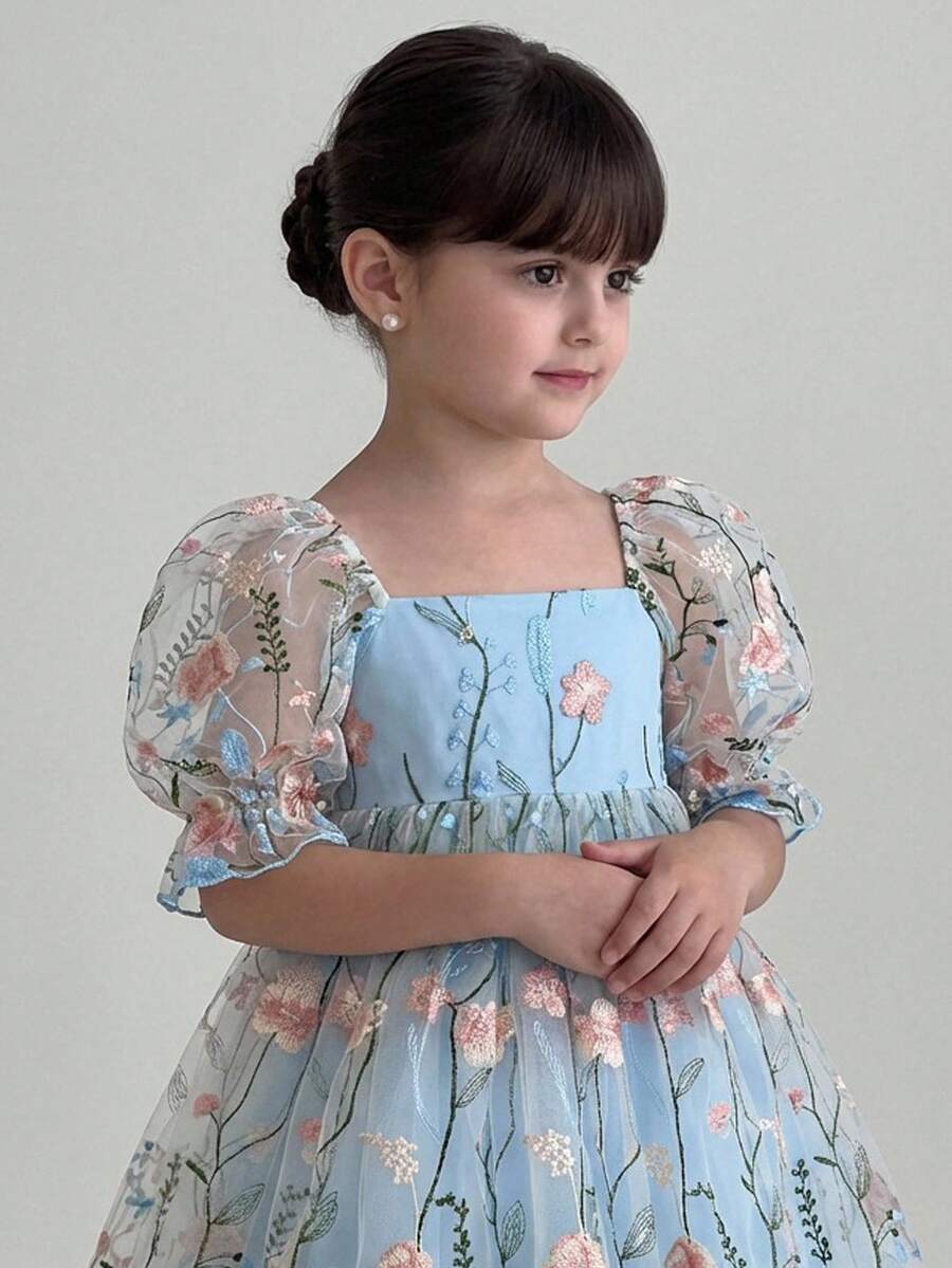 SHEIN Young Girl Woven Square Neck Mesh Embroidered Puff Sleeve Dress Sky Blue Dress For Kids Dusty Blue Dress For Girls Girls Puffy Sleeve Dress Kids Dresses With Embroidery Girls Floral Embroidered Dress Girls Spring And Autumn Dress Kids Dresses For Girls Blue Chiffon Kids Dresses Navvy Blue Spring Flower Dress Girls Young Girl Floral Dress With Sleeves Butterfly Embroidered Dress Kids Girls Dresses Puff Sleeve Princess Dresses For Kids Young Girls Dresses - White - View 1
