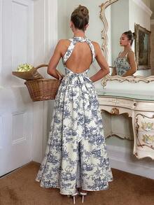 Glamine Charm Women's Elegant White And Blue Summer Cottage Core Tea Party Floral Backless Maxi Dress,Sleeveless Square Neck Bow Back Side Slit Flowy Beach Dress - Multicolor - View 6