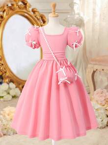 女童粉色甜美公主风连衣裙，配有蝴蝶结、泡泡袖、褶裥腰身、方领和配套手提包，适合生日派对、聚会、郊游等场合。 - 粉色 - 查看 1