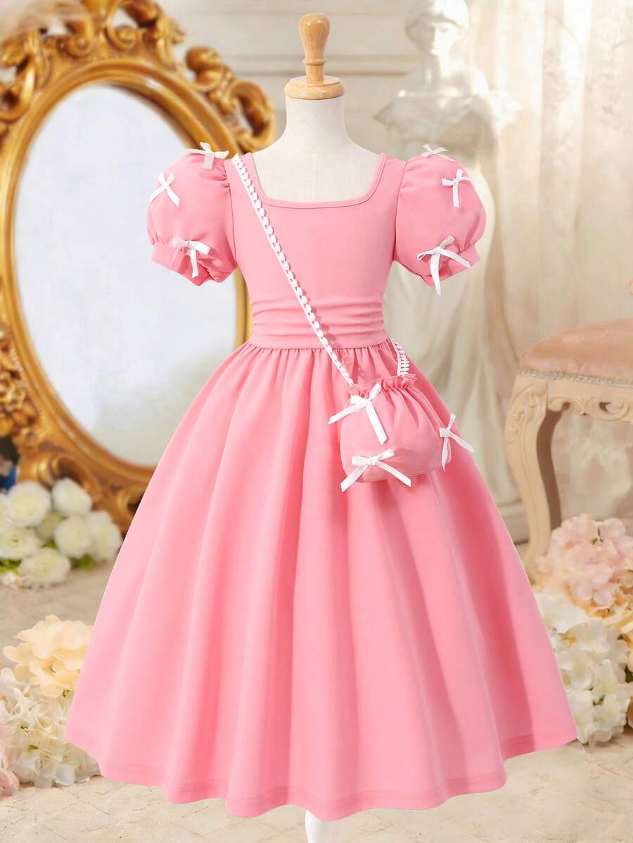 女童粉色甜美公主风连衣裙，配有蝴蝶结、泡泡袖、褶裥腰身、方领和配套手提包，适合生日派对、聚会、郊游等场合。 - 粉色 - 查看 1