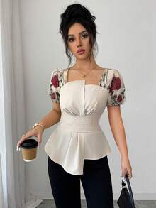SHEIN Clasi Women's Beige Summer Elegant Tea Party Square Neck Rose Flower Embroidery Mesh Patchwork Ruffle Fit And Flare Regular Short Sleeve Blouse,Apricot - Apricot - View 4