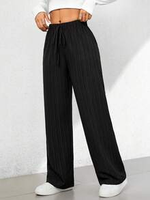 SHEIN PETITE Summer Casual Textured Wide-Leg Capri Pants - Black - View 3