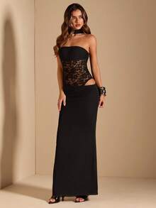 SHEIN BAE Black Strapless, Neck Hanging, Waist Transparent Lace Patchwork, Mesh Fishtail Skirt, Elegant Temperament Dress,Party Dress,Graduation Dress,Wedding Party Dress,Black Dress - Black - View 4