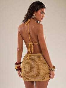 SHEIN BAE Vestido Casual com Paetês Sem Costas para Férias na Praia para Mulheres - Dourado - Visão 9