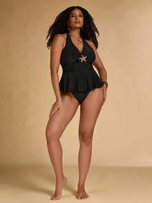 SHEIN BAE Plus Size Tank Top Swimwear Set, Black With Ruffles, Perfect For Beach Vacations And Swimming. Beach Outfits For Women Metal Starfish - Black - View 7