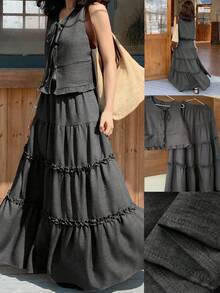 FRIFUL Conjunto de 2 piezas de mujer con cárdigan con lazo y tirantes, y falda con cintura elástica y volantes en el bajo, estilo natural - Gris - Ver 2