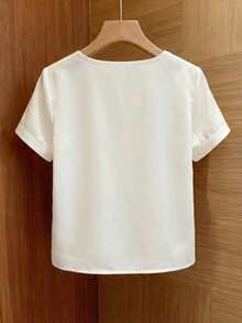 Franclia 时尚新款法式纯色圆领开衩串珠套头短袖白色女式衬衫，适合春夏穿着，也适合夏季、春季、复活节、节日、派对、海滩、婚礼、毕业典礼、外出、舞会、生日等场合。 - 白色 - 查看 2