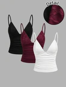 SHEIN EZwear 3件套女士吊带背心，蕾丝拼接，褶皱腰身，夏季女士吊带背心，沙滩装，外出装 - 彩色 - 查看 12