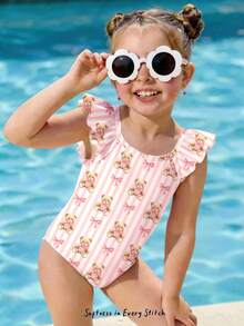 SHEIN 奶油白和奶油粉条纹，可爱甜美的BM风格蝴蝶结泰迪熊童话印花，海岛度假风，少女春夏甜美时尚休闲可爱荷叶边袖连体泳衣，度假，海滩，沙滩装，度假风，度假套装 - 彩色 - 查看 4