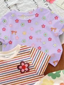3pcs/Set Baby Girl Cute Purple Floral Summer Basic T-Shirts,Family Matching Colorful Stripes,Dopamine Floral Series Round Neck Short Sleeve Tee Tops - Multicolor - View 3