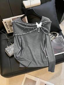 GlowEve CURVE Camiseta de manga larga con hombros descubiertos, con bordados de cuentas y strass, talla grande - Gris - Ver 1