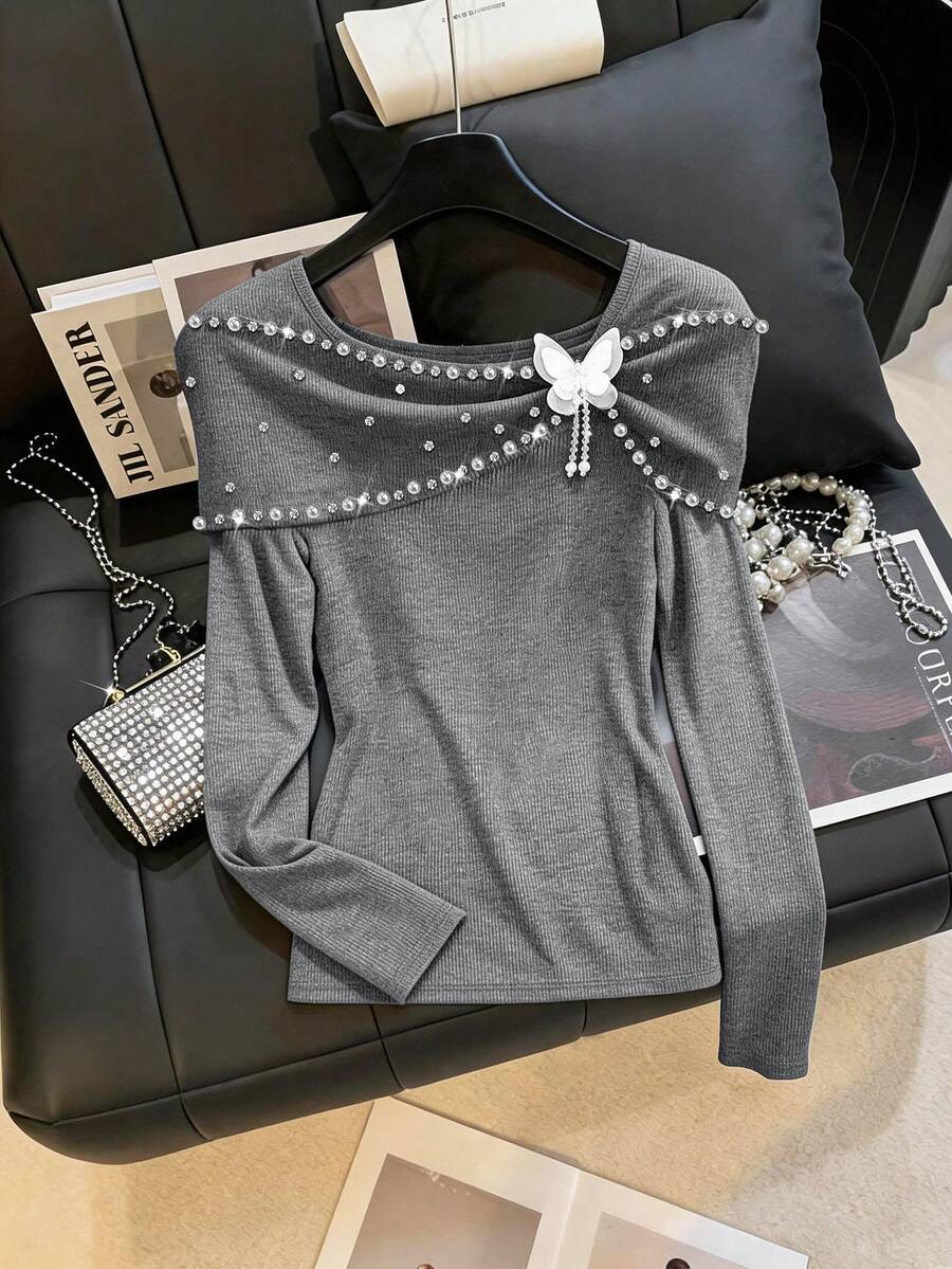 GlowEve CURVE Camiseta de manga larga con hombros descubiertos, con bordados de cuentas y strass, talla grande - Gris - Ver 1