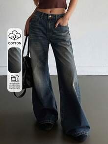 DAZY Jeans de tiro bajo con campana para mujer, casuales y sexys estilo Y2K - Azul lavado oscuro - Ver 1