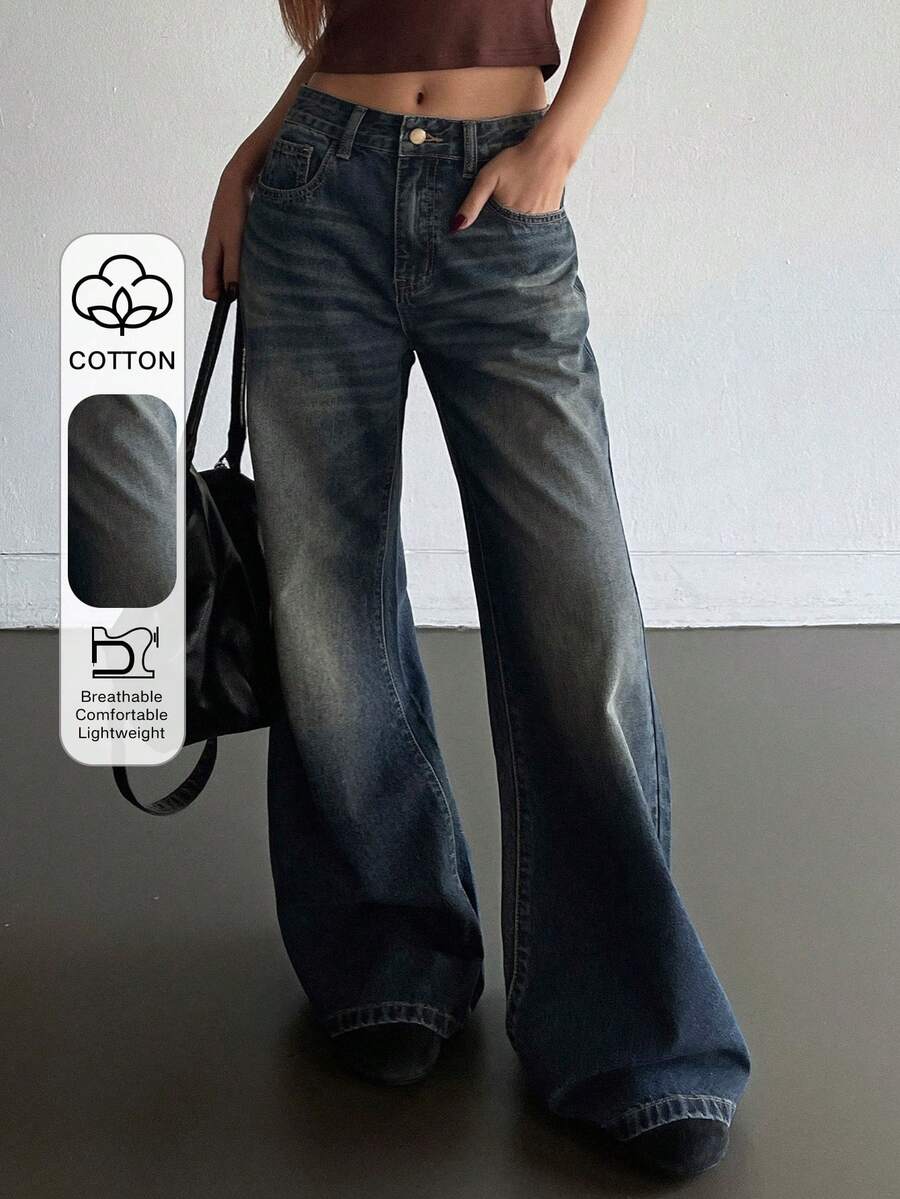 DAZY Jeans de tiro bajo con campana para mujer, casuales y sexys estilo Y2K - Azul lavado oscuro - Ver 1