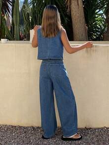 DAZY 女士圆领无袖牛仔背心和筒状牛仔裤休闲牛仔套装 - 中等水洗藍 - 查看 5