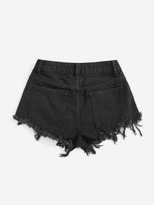 SHEIN Tall Women's Casual Distressed Frayed Hem Denim Shorts - Black - View 2
