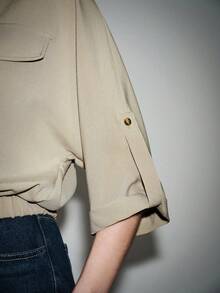 Lumivelle Women's Elegant Commuter Textured Mid-Sleeve Shirt, Summer - Khaki - View 3