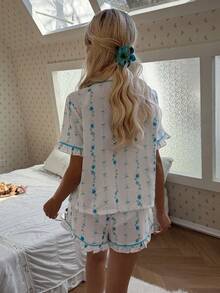 CottageSlumber Romantic Floral Print Pajama Set, Sweet Bow Tie Decor French Romantic Drawstring Pajama Set, Elegant Ladies Sleepwear Set - Multicolor - View 2