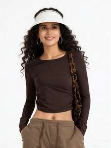 Top corto informal de punto acanalado de antelina para mujer, manga larga, cuello redondo, corte ajustado - Café integral - Ver 9