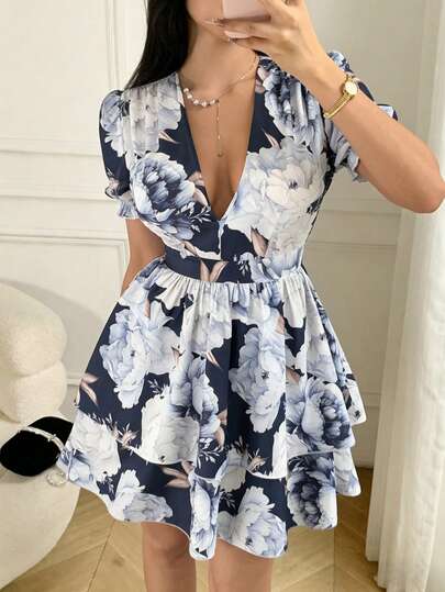 Rafferiza Vestido corto de verano con cuello en V y estampado floral para mujer