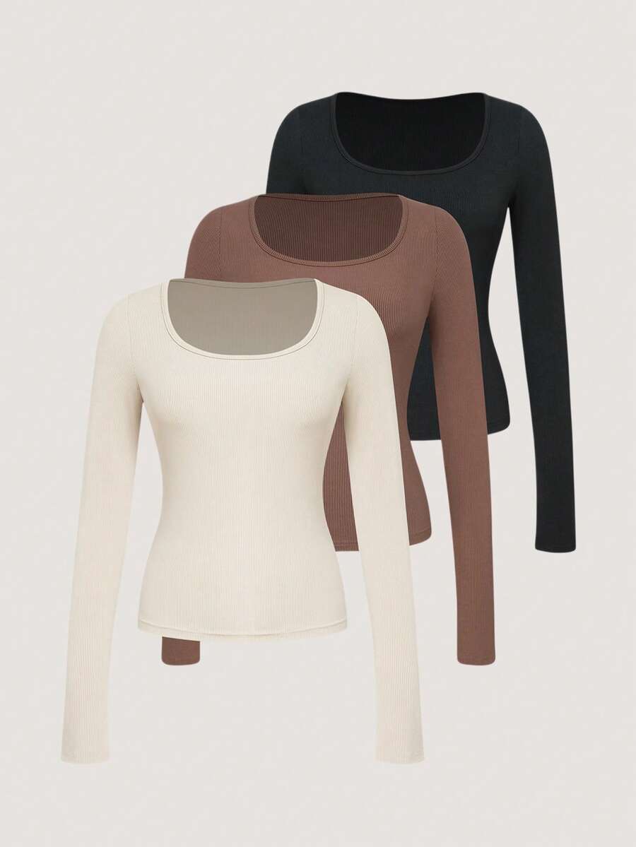 3件套纯色女士圆领T恤秋季服装 - 彩色 - 查看 1