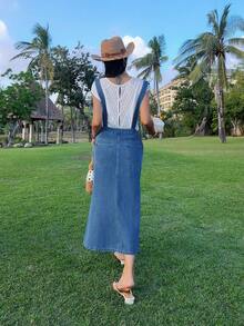 DAZY 女士休闲水洗牛仔背带裙，鱼尾下摆，春夏款 - 藍色 - 查看 2