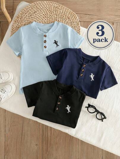 SHEIN 3 Pack Toddler Boy Clothes Casual Style Horse Embroidery Button Front Short Sleeve Regular Thickness Henley Tops Shirts Blusas Tee 2 Piece Set Alternative For Summer Vacation Daily Outfit All Season