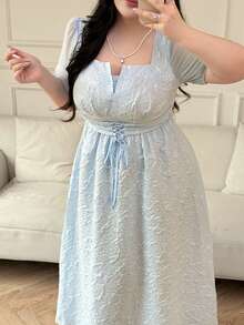 Vibekara 大码纯色法式纹理连衣裙，春夏常规款浅蓝色连衣裙，大码浅蓝色孕妇连衣裙，夏季连衣裙，曲线款浅蓝色连衣裙，曲线款夏季大码连衣裙，大码浅蓝色连衣裙，复活节连衣裙，曲线款长款连衣裙，女士大码连衣裙，女士正式连衣裙，2026新款连衣裙，舞会礼服，曲线款公主裙 - 藍色 - 查看 4