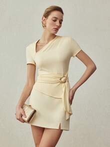 MOTF PREMIUM ELEGANT RUCHED WAIST SLIM FIT ASYMMETRICAL SHOULDER T-SHIRT, SPRING/SUMMER - Light Yellow - View 6