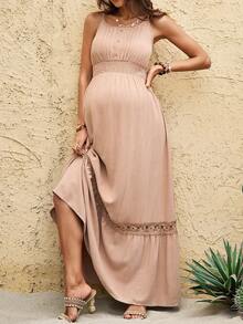 Boho Mama Pregnant Women's Ruched Waist Elegant Round Neck Casual Dress For Vacation & Daily Wear - Khaki - View 2