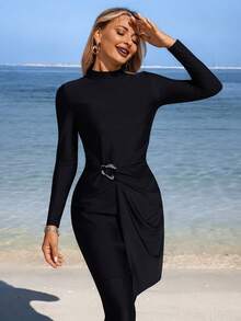 Swim Mulvari Women's New Black 2-Piece Swimwear Set With Belt, Long Sleeve High Neck Midi Dress And Slim Fit Pants, Conservative Modest Burkini For Spring/Summer Vacation - Black - View 3