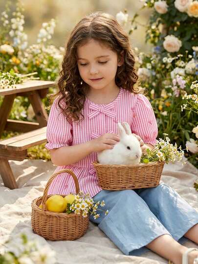 SHEIN Elladie kids Girl's Striped Bow Decor Ruffle Casual Versatile Daily Wear Short Sleeve Shirt