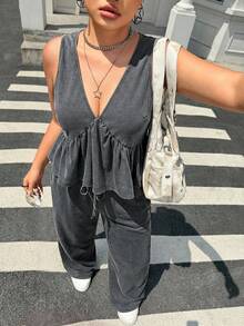 Muchica Plus Size Women Deep V-Neck Ruffle Hem Top And Drawstring Waist Wide Leg Pants Casual 2 Pieces Set - Light Grey - View 1