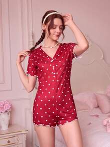 Heart Print Lettuce Trim Romper - Red - View 4