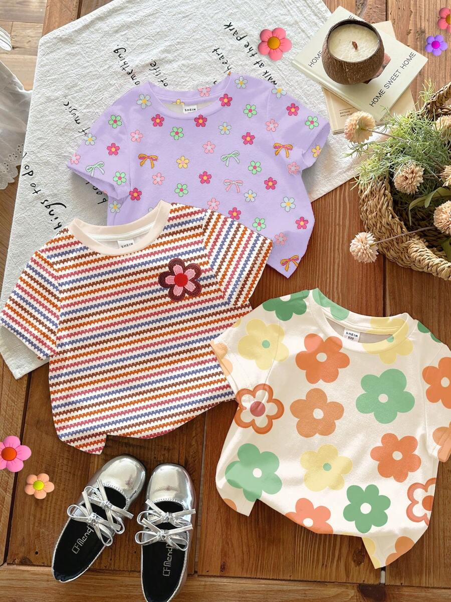 3pcs/Set Baby Girl Cute Purple Floral Summer Basic T-Shirts,Family Matching Colorful Stripes,Dopamine Floral Series Round Neck Short Sleeve Tee Tops - Multicolor - View 1