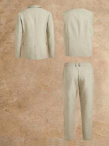 Manfinity VCAY Set de costum casual pentru bărbați, cu guler crestat, culoare solidă, jachetă, vestă și pantaloni, cu un singur rând de nasturi, stil casual - Verde - Vizualizare 3