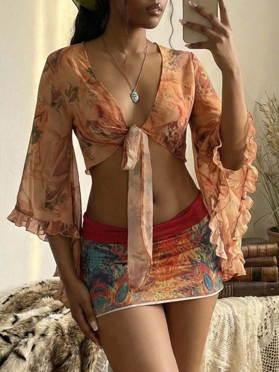 StreetHx Áo sơ mi nữ màu vàng in hoa, thiết kế bất đối xứng, cổ chữ V gợi cảm, phong cách Bohemian. - Màu vàng - Xem 1