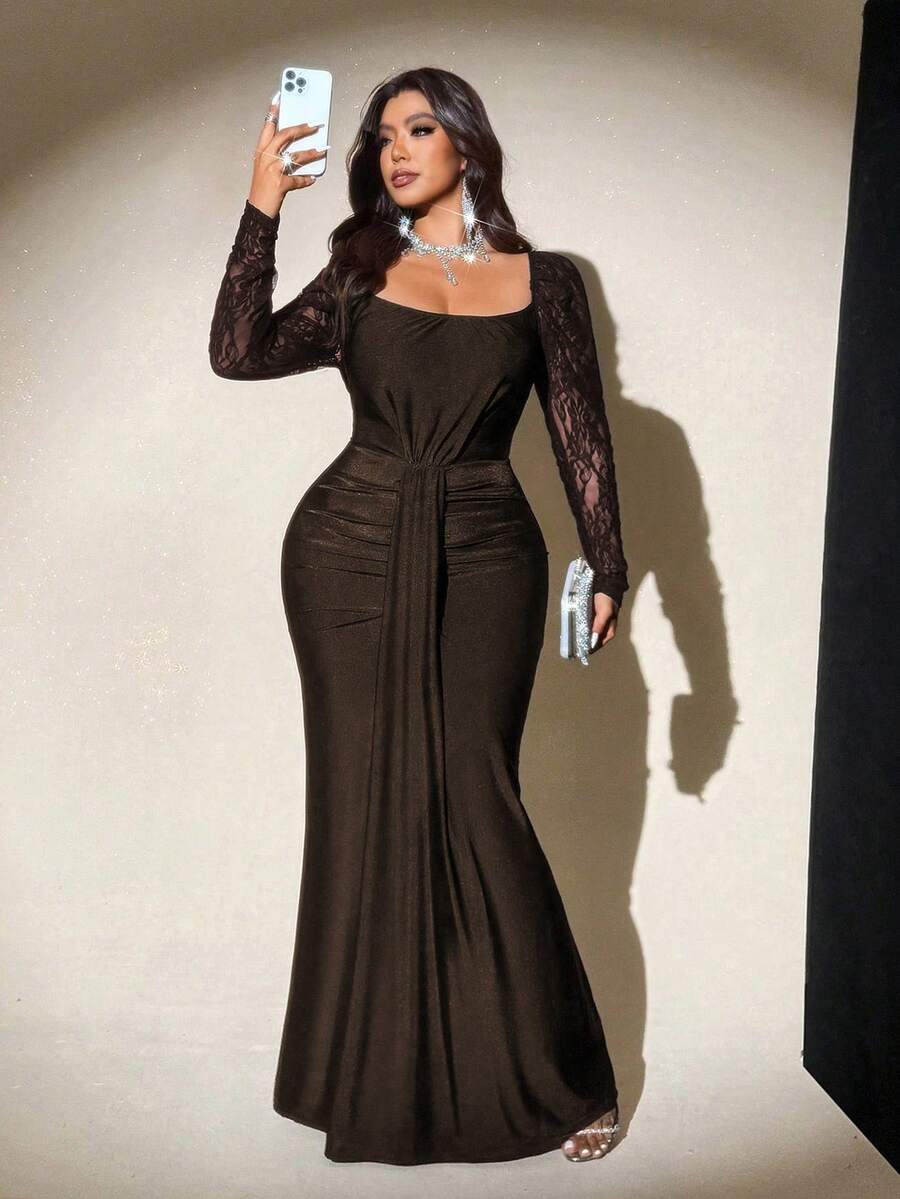 Viva Relle 大码女士纯色方领灯笼袖连衣裙，浪漫优雅，适合婚礼宾客、毕业典礼、舞会、节日、生日、教堂礼拜、夜间外出、派对等场合，是女士奢华晚礼服的理想之选。 - 棕色 - 查看 1