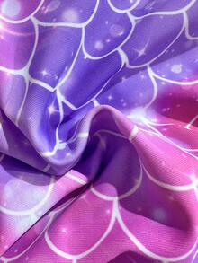 SHEIN 少女假日海滩度假美人鱼鳞片印花连体泳衣，喇叭裙摆，长袖，拉链 - 彩色 - 查看 10