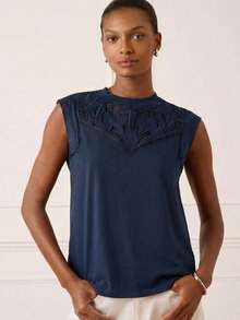 Lilora 女士极简纯色拼接无袖T恤 - 寶藍色 - 查看 3