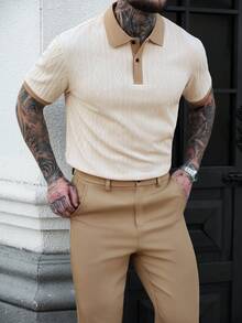 Manfinity CasualCool Men's Casual Daily Polo Shirt Set Beige Men Outfit Men Buttoned Knitted Polo Apricot Men Outfit Cream Outfit Men - Apricot - View 6