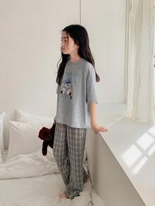 DAZY Tween Girl Cartoon Print Short Sleeve Top And Plaid Pants Pajama Set - Grey - View 4