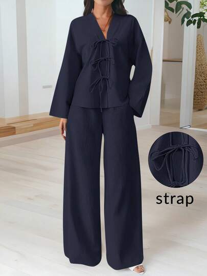 Firerie Women 2 Pieces Set: Elegant Casual Chic Front Tie Loose Shirt And High Waist Elastic Waist Wide Leg Pants,Business Casual Woman Soft Lounge Set Summer Holiday
