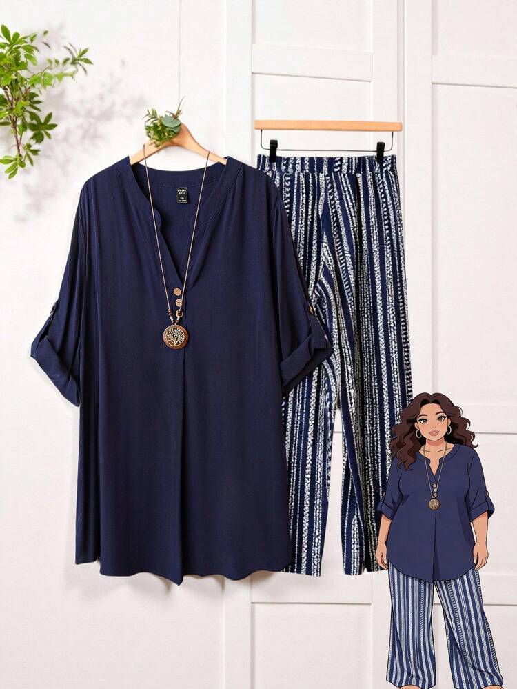 Plus Size Women 2pcs/Set Notch Neck Sleeveless Top And Striped Wide Leg Pants Casual Outfit, Winter Clothes For Women,Holiday Outfits Boho